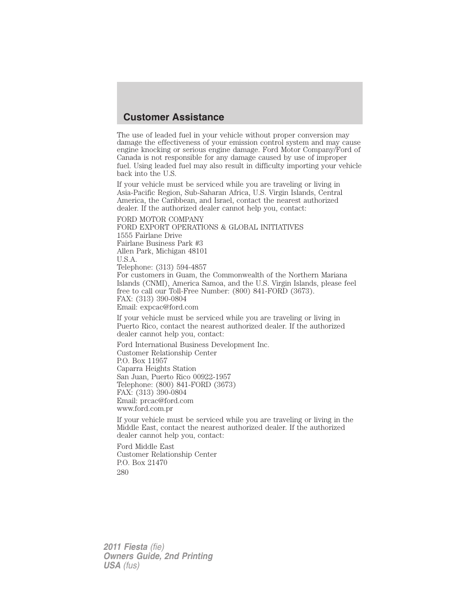 Customer assistance | FORD 2011 Fiesta v.2 User Manual | Page 280 / 358