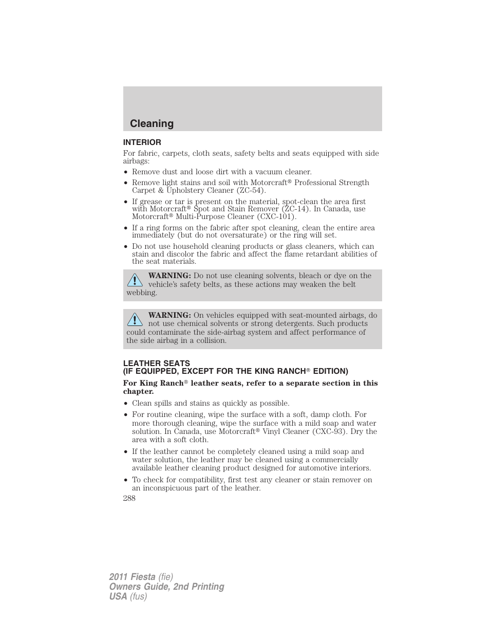 Interior, Cleaning | FORD 2011 Fiesta v.2 User Manual | Page 288 / 358