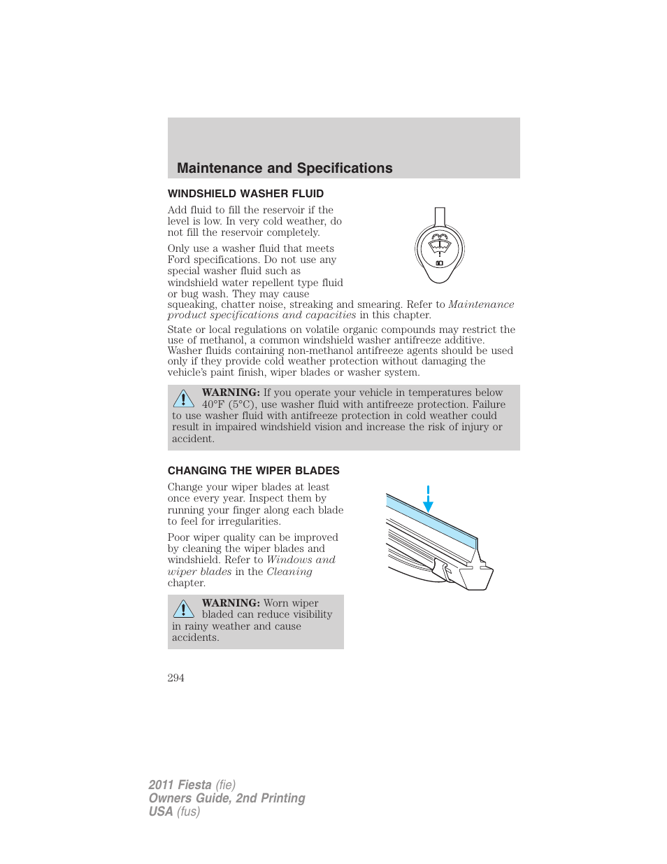 Windshield washer fluid, Changing the wiper blades, Maintenance and specifications | FORD 2011 Fiesta v.2 User Manual | Page 294 / 358