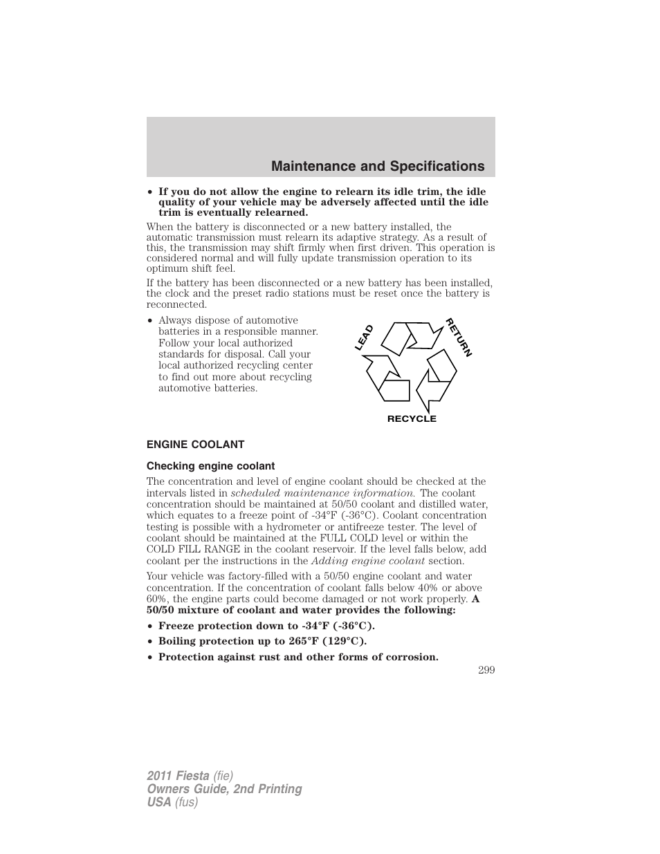 Engine coolant, Checking engine coolant, Maintenance and specifications | FORD 2011 Fiesta v.2 User Manual | Page 299 / 358
