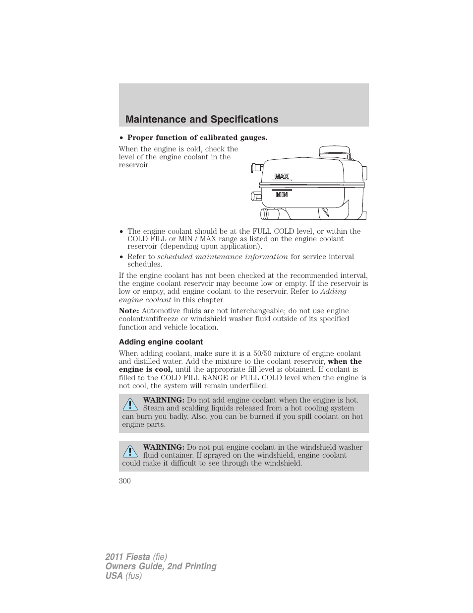 Adding engine coolant, Maintenance and specifications | FORD 2011 Fiesta v.2 User Manual | Page 300 / 358