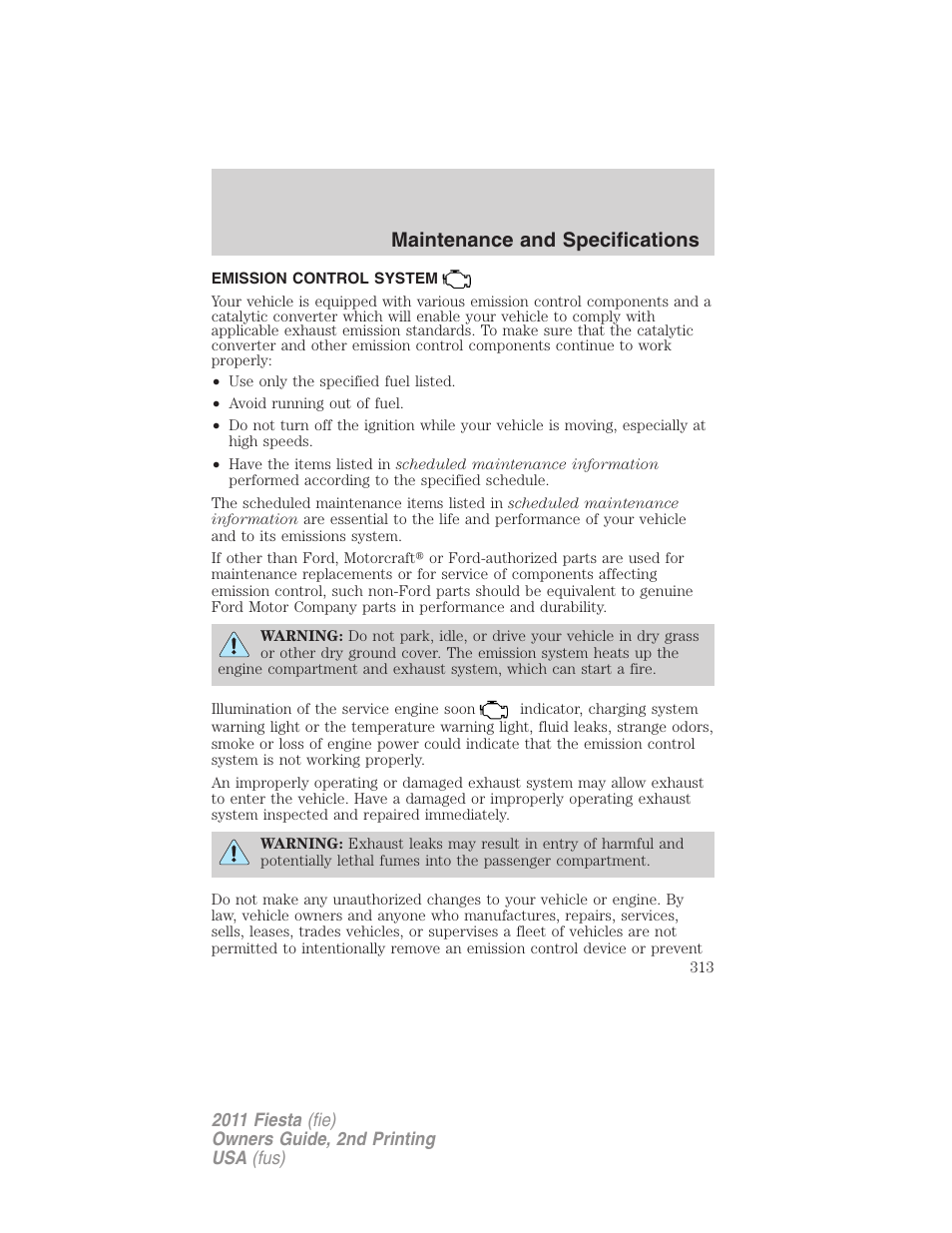 Emission control system, Maintenance and specifications | FORD 2011 Fiesta v.2 User Manual | Page 313 / 358