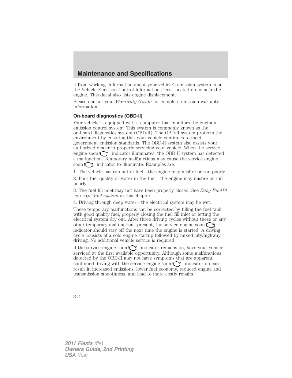 On-board diagnostics (obd-ii), Maintenance and specifications | FORD 2011 Fiesta v.2 User Manual | Page 314 / 358