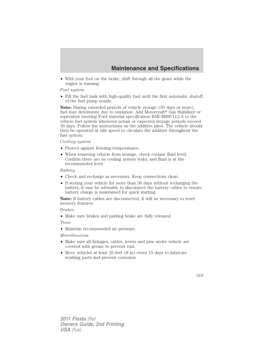 Maintenance and specifications | FORD 2011 Fiesta v.2 User Manual | Page 319 / 358