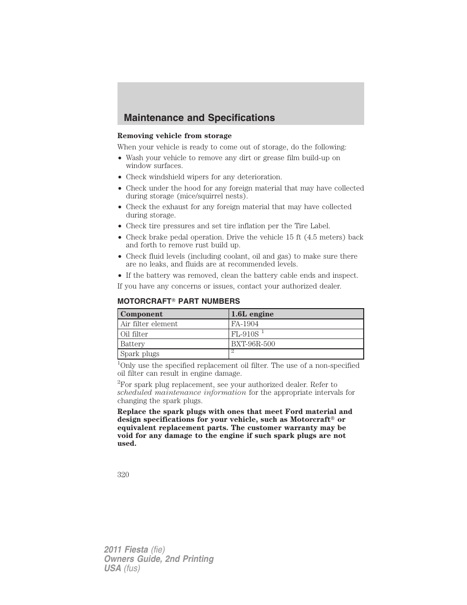 Motorcraft part numbers, Part numbers, Maintenance and specifications | FORD 2011 Fiesta v.2 User Manual | Page 320 / 358