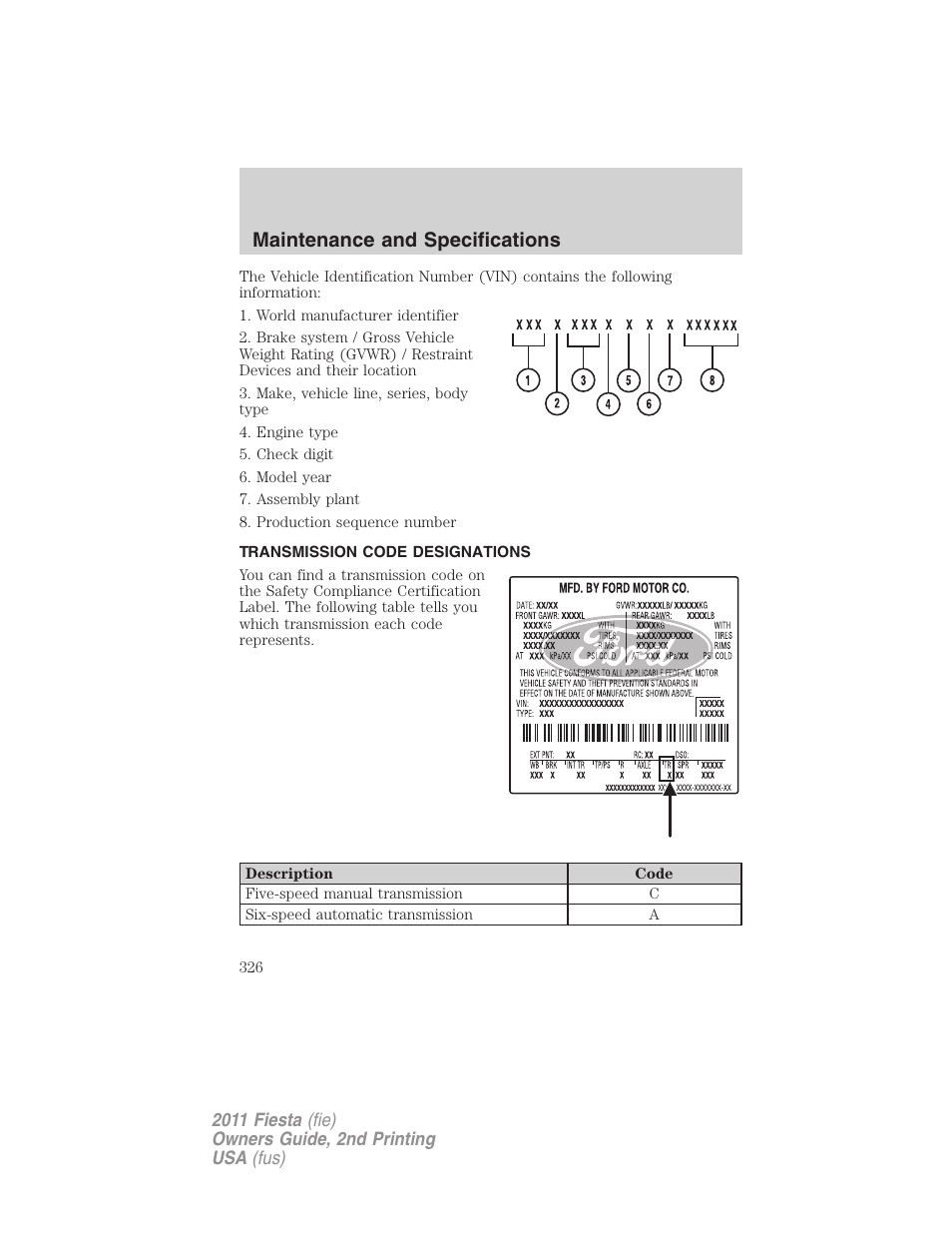 Transmission code designations, Maintenance and specifications | FORD 2011 Fiesta v.2 User Manual | Page 326 / 358