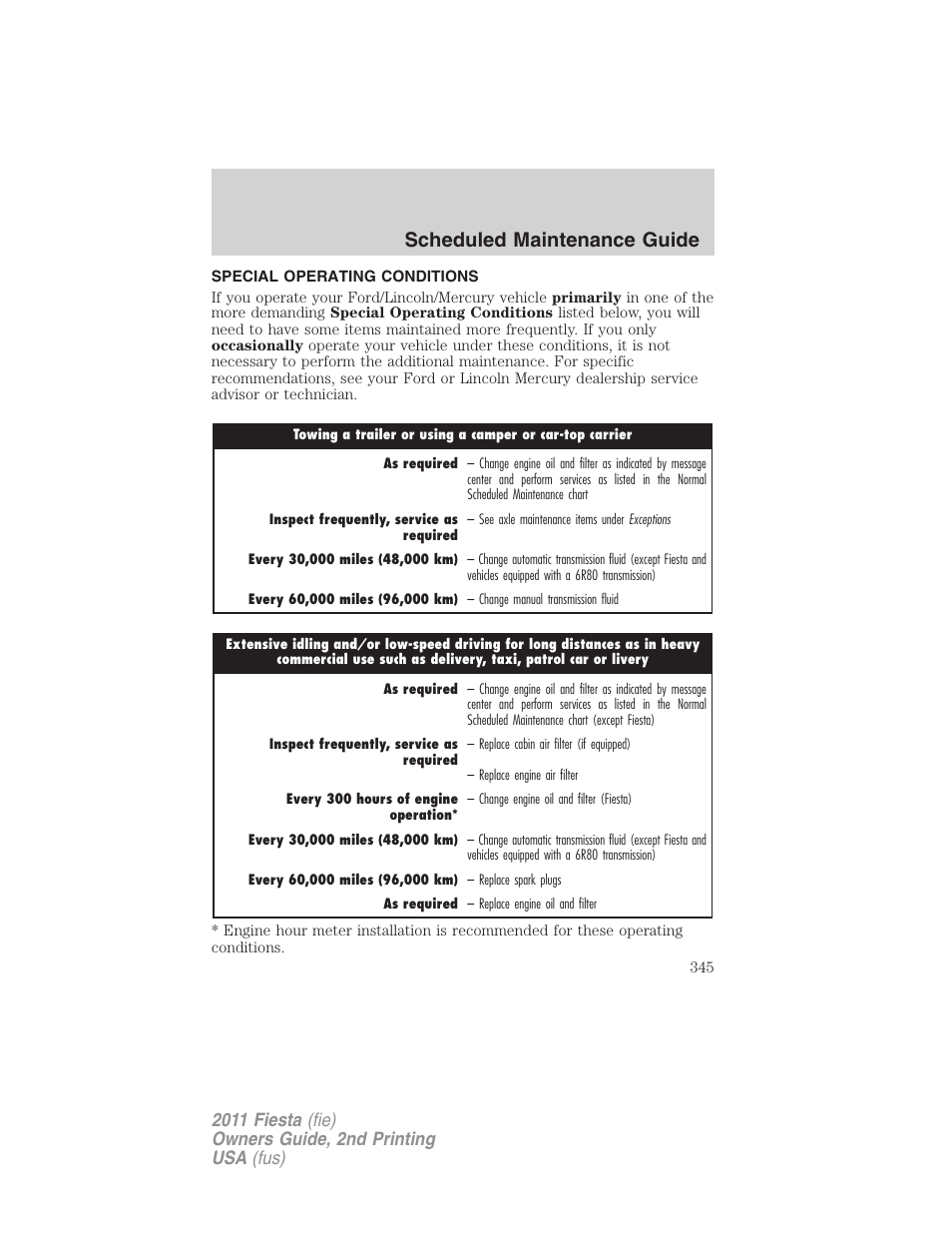 Special operating conditions, Scheduled maintenance guide | FORD 2011 Fiesta v.2 User Manual | Page 345 / 358