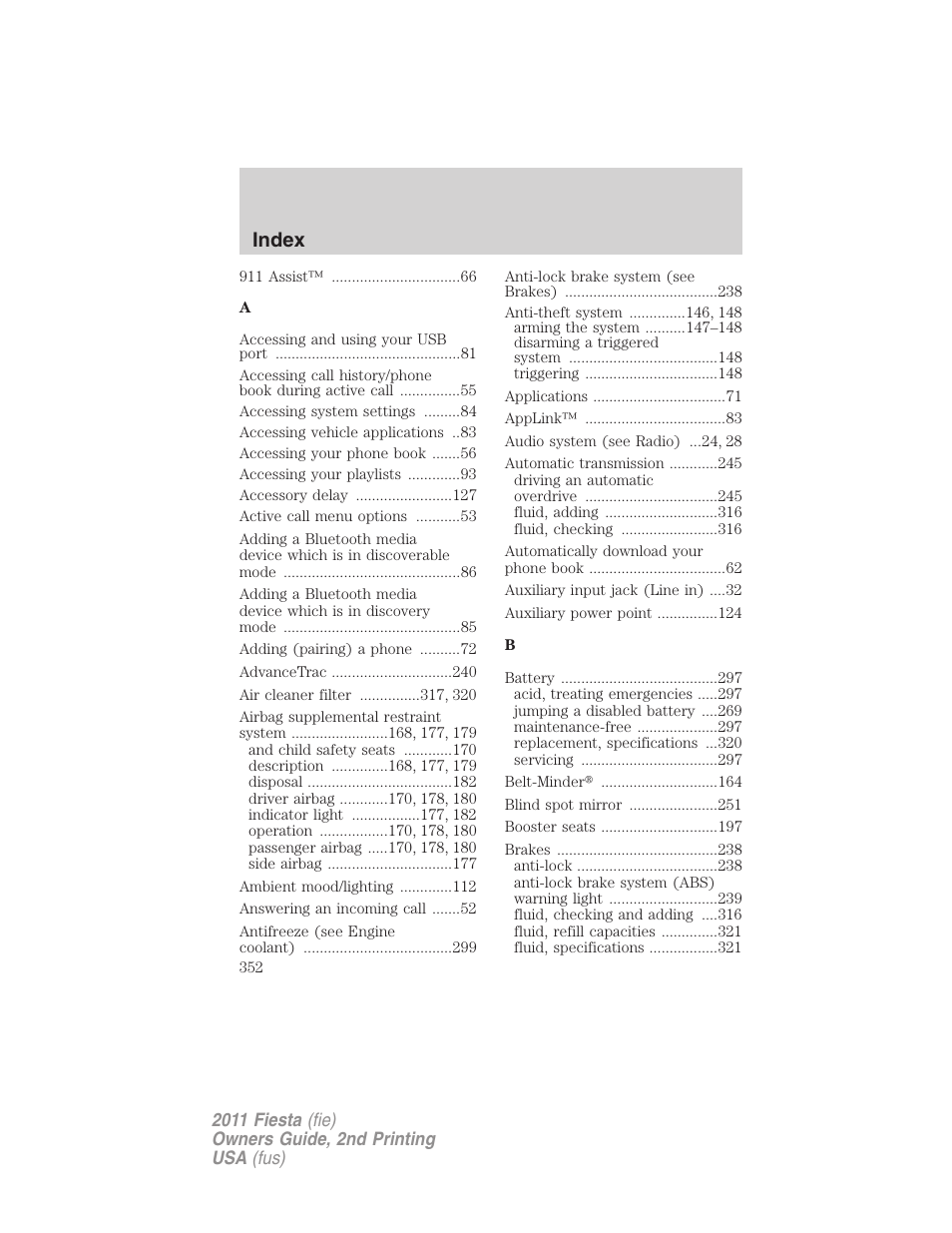 Index | FORD 2011 Fiesta v.2 User Manual | Page 352 / 358