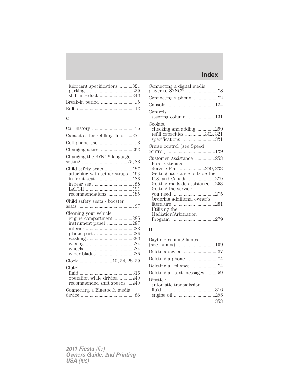 Index | FORD 2011 Fiesta v.2 User Manual | Page 353 / 358