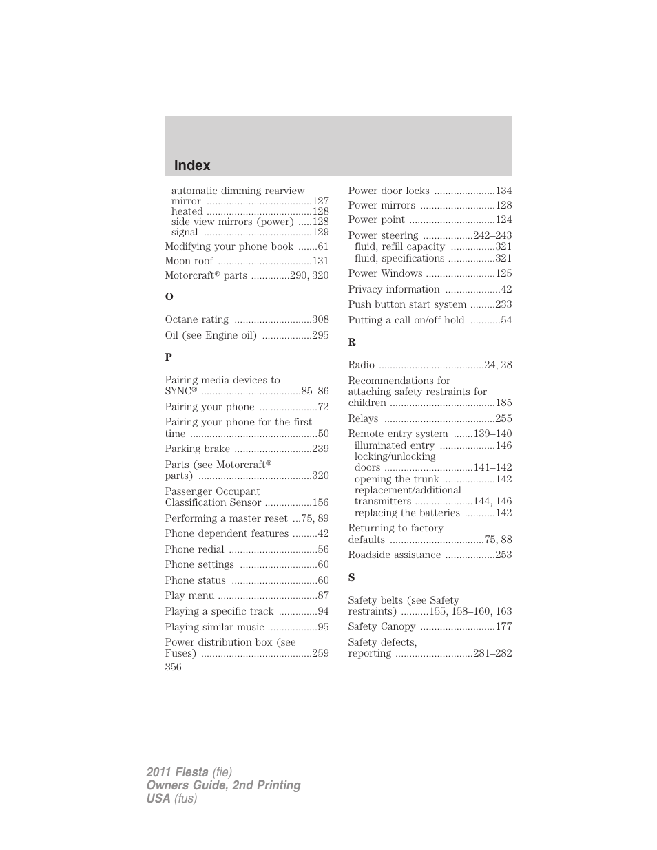 Index | FORD 2011 Fiesta v.2 User Manual | Page 356 / 358