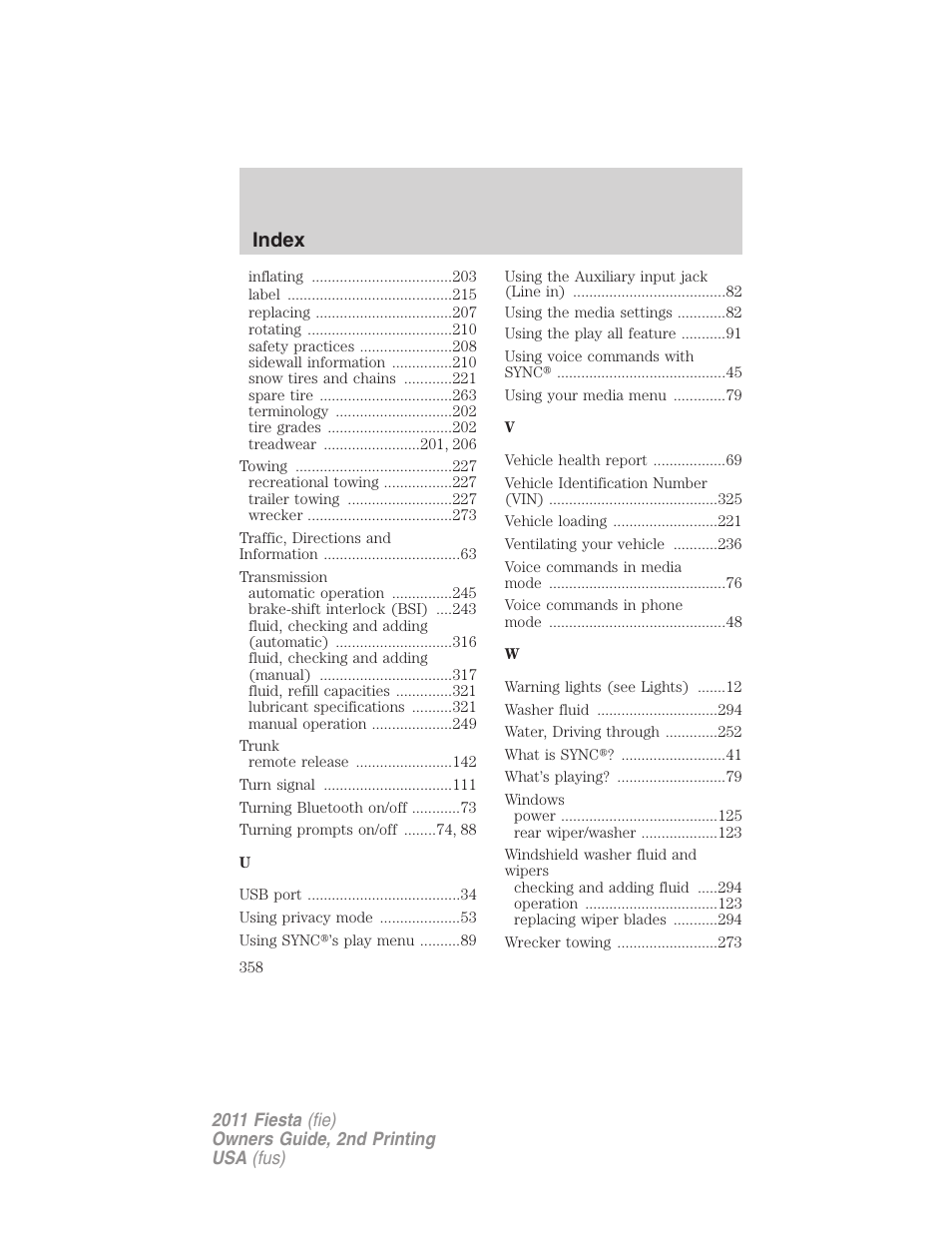 Index | FORD 2011 Fiesta v.2 User Manual | Page 358 / 358