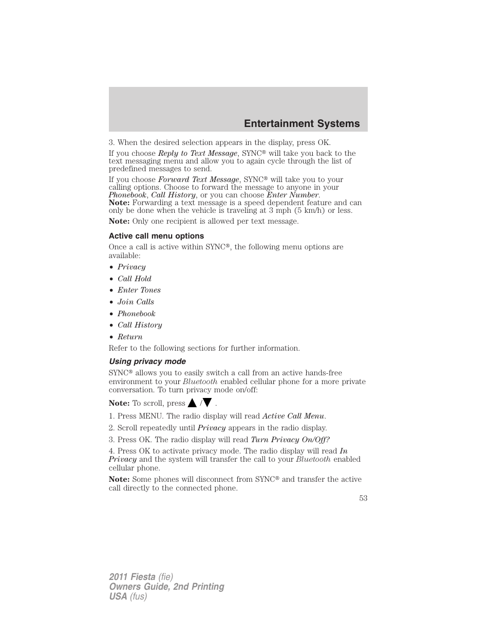 Active call menu options, Using privacy mode, Entertainment systems | FORD 2011 Fiesta v.2 User Manual | Page 53 / 358