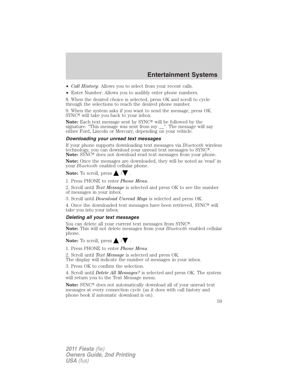 Downloading your unread text messages, Deleting all your text messages, Entertainment systems | FORD 2011 Fiesta v.2 User Manual | Page 59 / 358