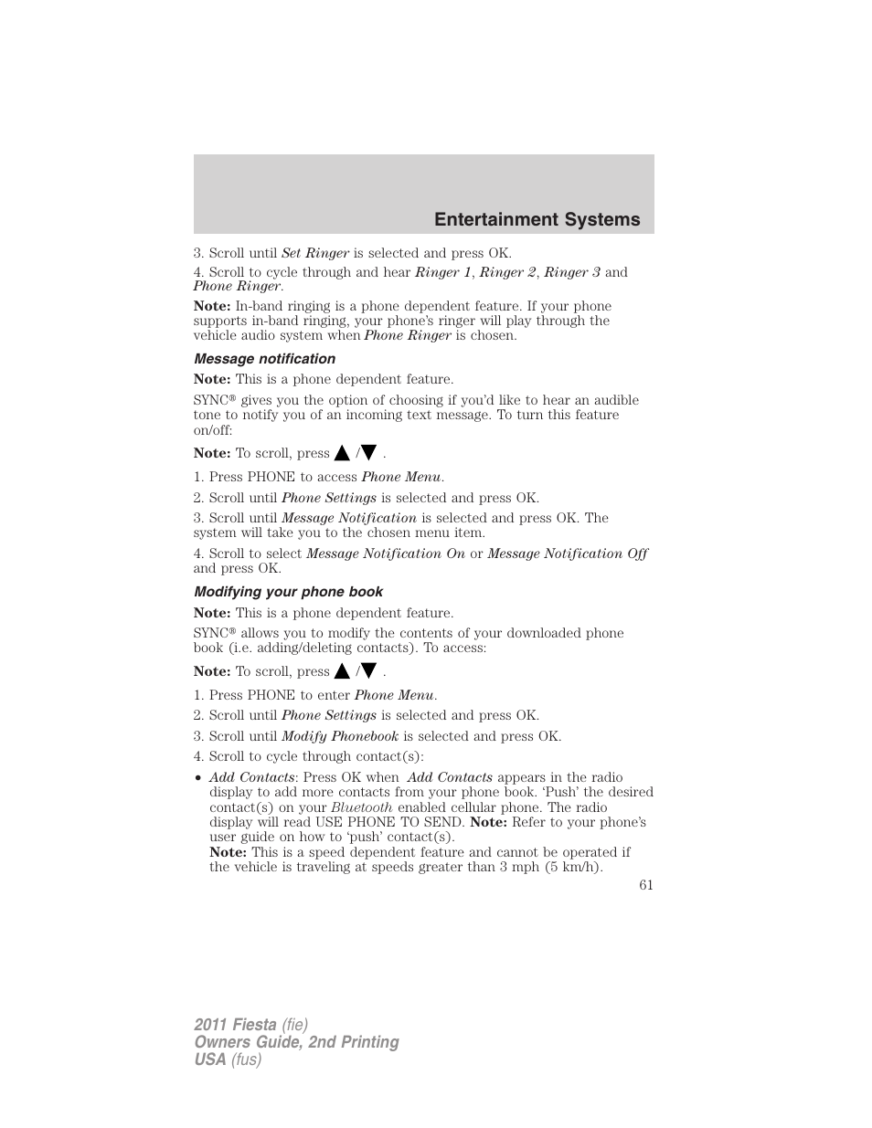 Message notification, Modifying your phone book, Entertainment systems | FORD 2011 Fiesta v.2 User Manual | Page 61 / 358