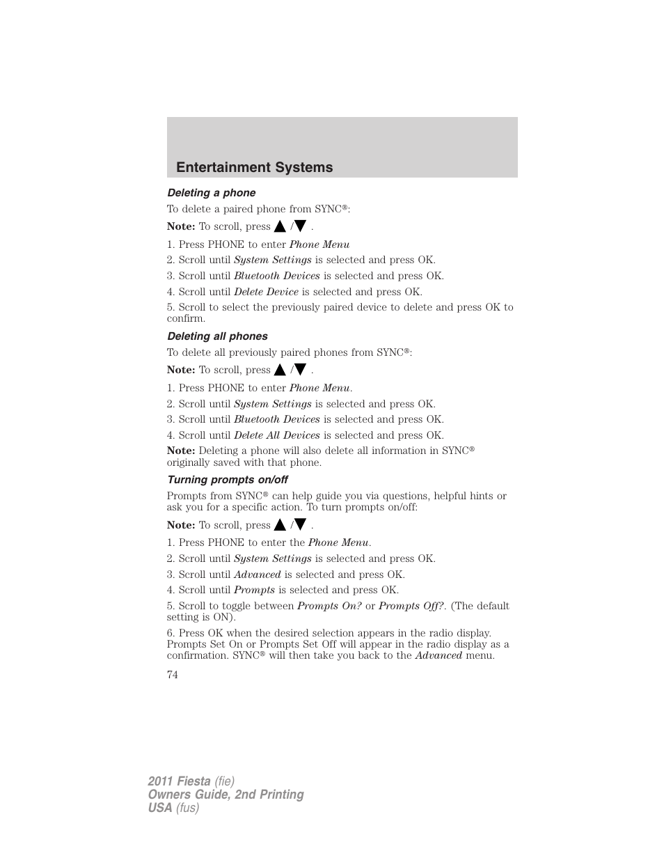 Deleting a phone, Deleting all phones, Turning prompts on/off | Entertainment systems | FORD 2011 Fiesta v.2 User Manual | Page 74 / 358