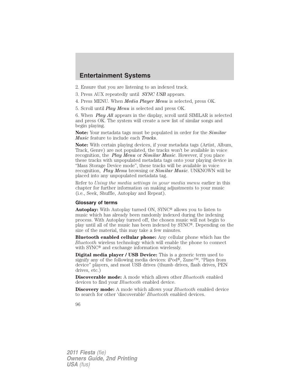 Glossary of terms, Entertainment systems | FORD 2011 Fiesta v.2 User Manual | Page 96 / 358