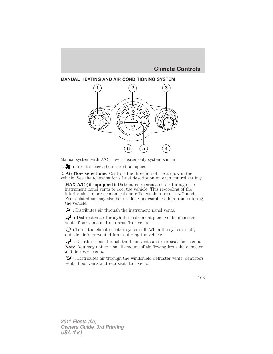 Climate controls, Manual heating and air conditioning system, Manual heating and air conditioning | FORD 2011 Fiesta v.3 User Manual | Page 103 / 356