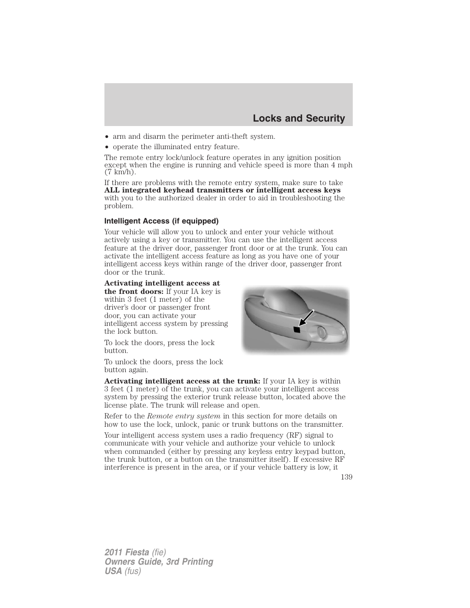 Intelligent access (if equipped), Locks and security | FORD 2011 Fiesta v.3 User Manual | Page 139 / 356