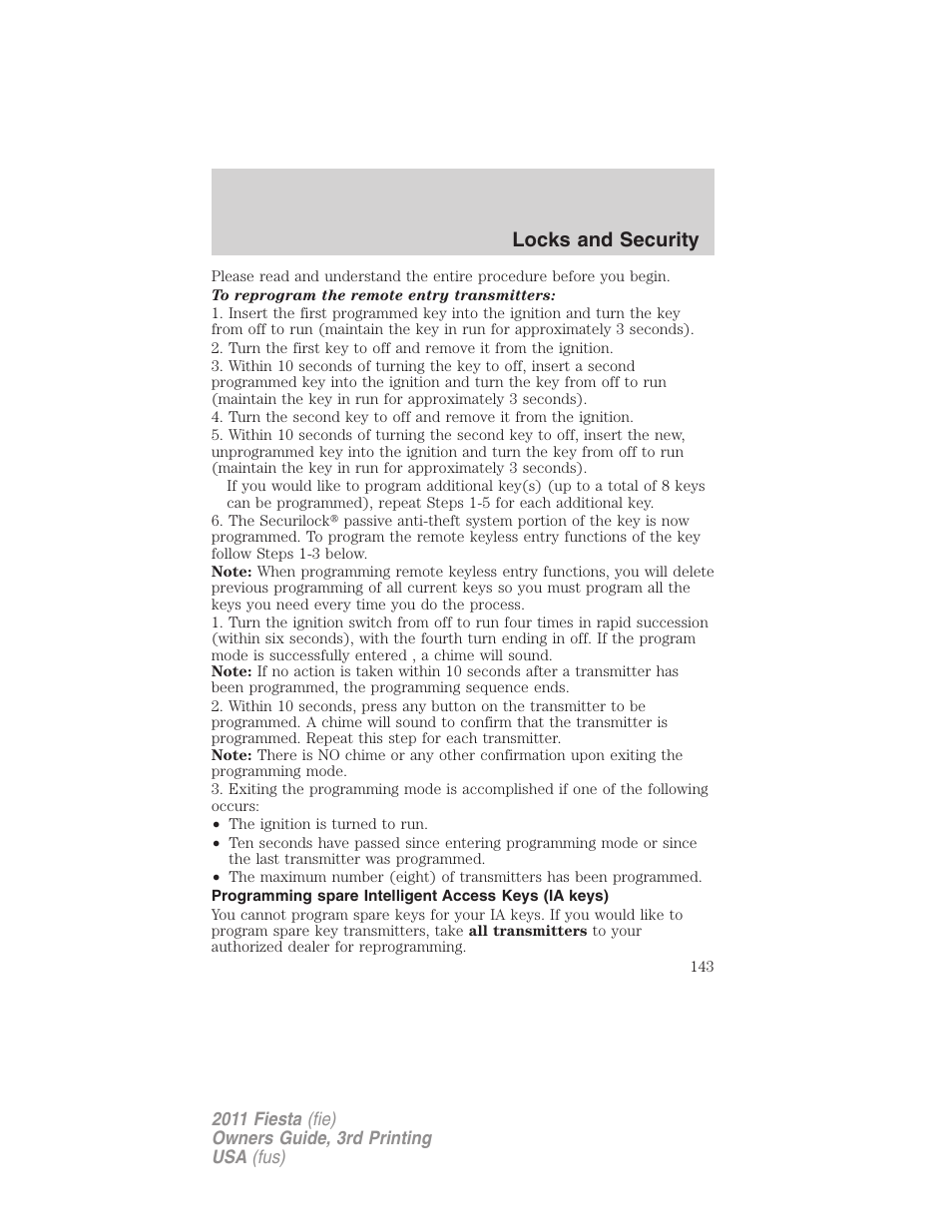 Locks and security | FORD 2011 Fiesta v.3 User Manual | Page 143 / 356