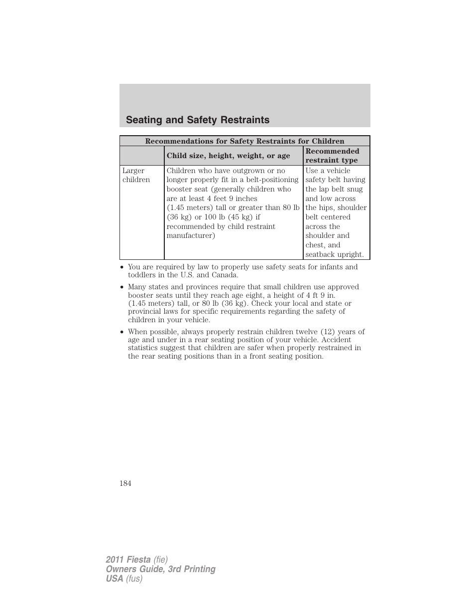Seating and safety restraints | FORD 2011 Fiesta v.3 User Manual | Page 184 / 356
