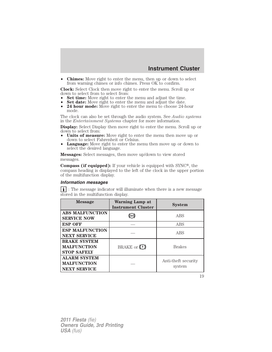 Information messages, Instrument cluster | FORD 2011 Fiesta v.3 User Manual | Page 19 / 356