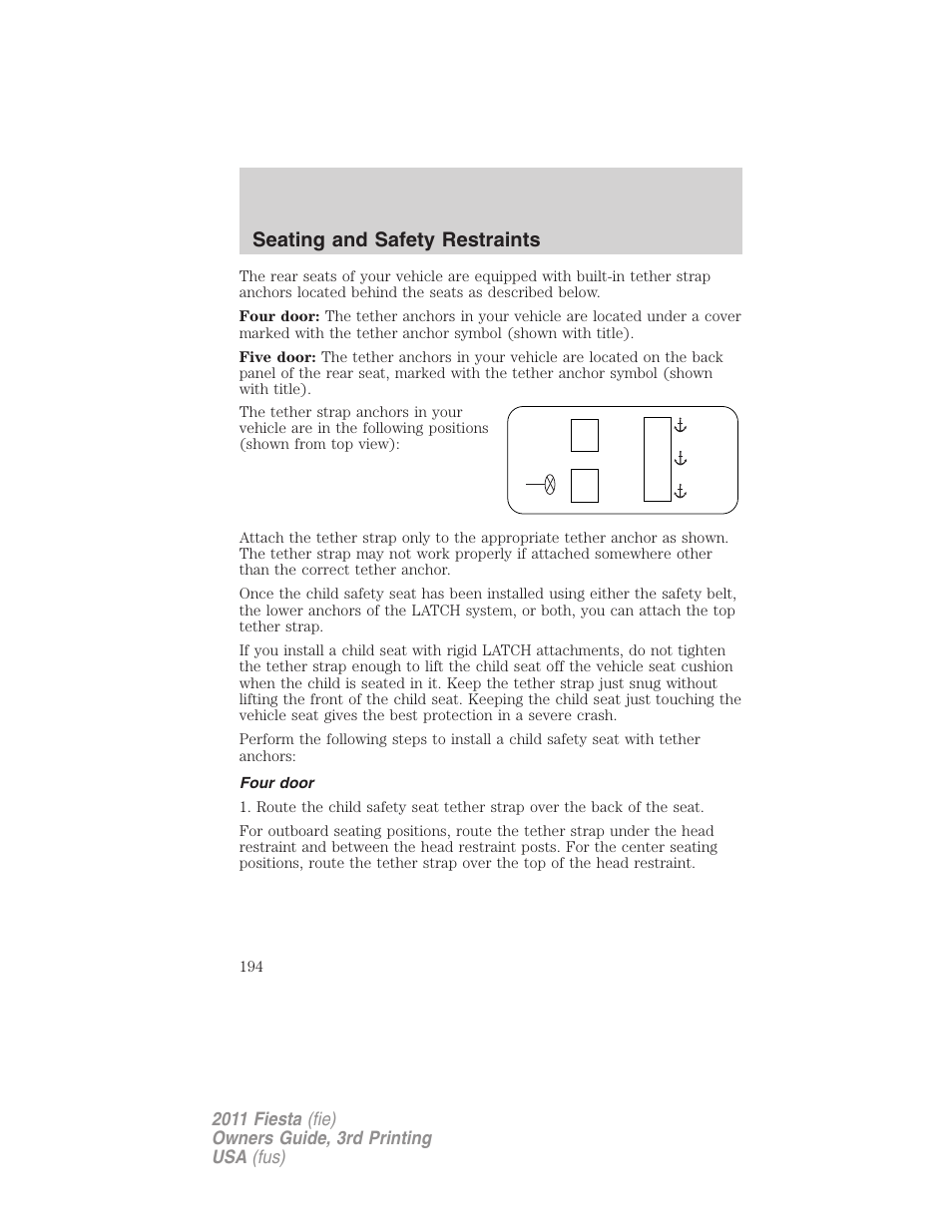 Four door, Seating and safety restraints | FORD 2011 Fiesta v.3 User Manual | Page 194 / 356