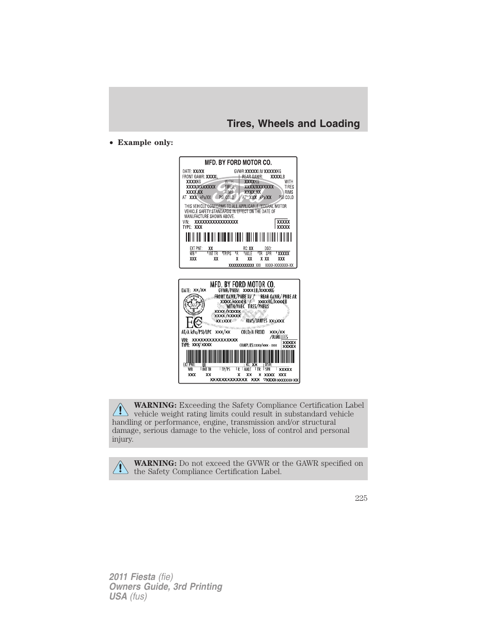 Tires, wheels and loading | FORD 2011 Fiesta v.3 User Manual | Page 225 / 356