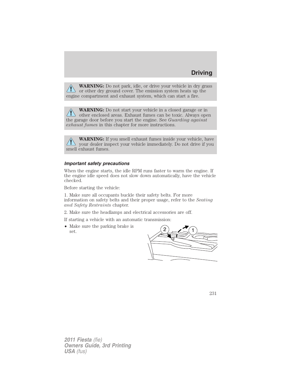 Important safety precautions, Driving | FORD 2011 Fiesta v.3 User Manual | Page 231 / 356