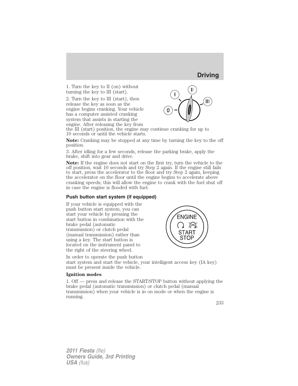 Push button start system (if equipped), Driving | FORD 2011 Fiesta v.3 User Manual | Page 233 / 356