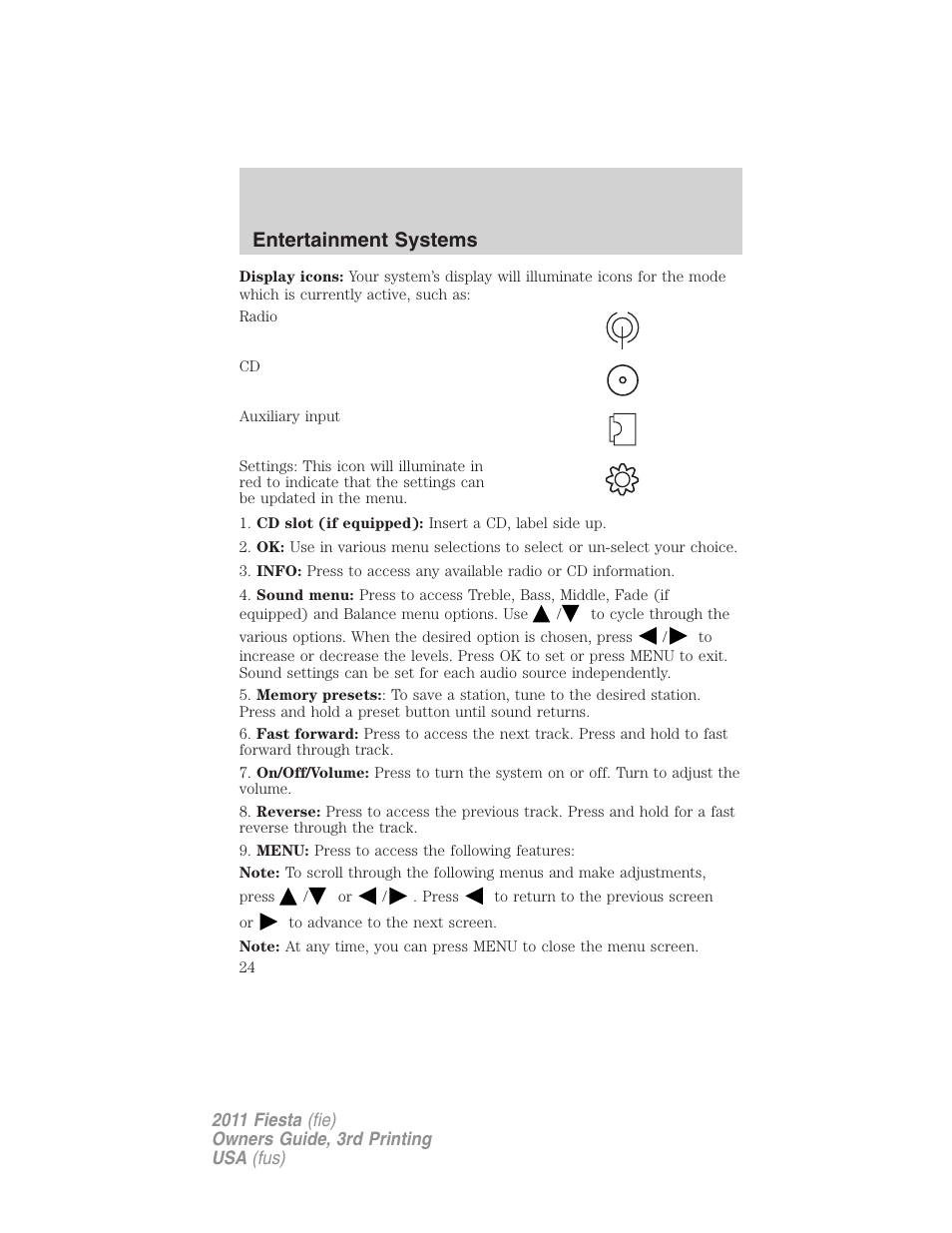 Entertainment systems | FORD 2011 Fiesta v.3 User Manual | Page 24 / 356