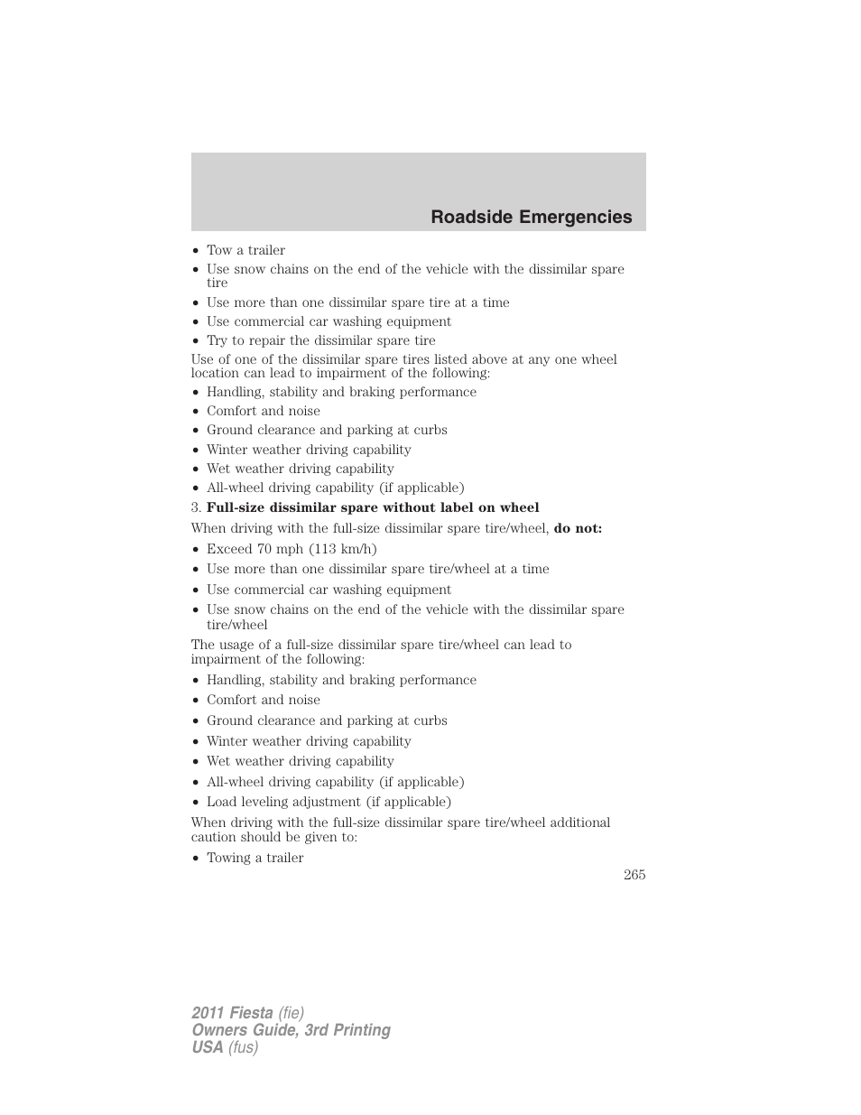 Roadside emergencies | FORD 2011 Fiesta v.3 User Manual | Page 265 / 356