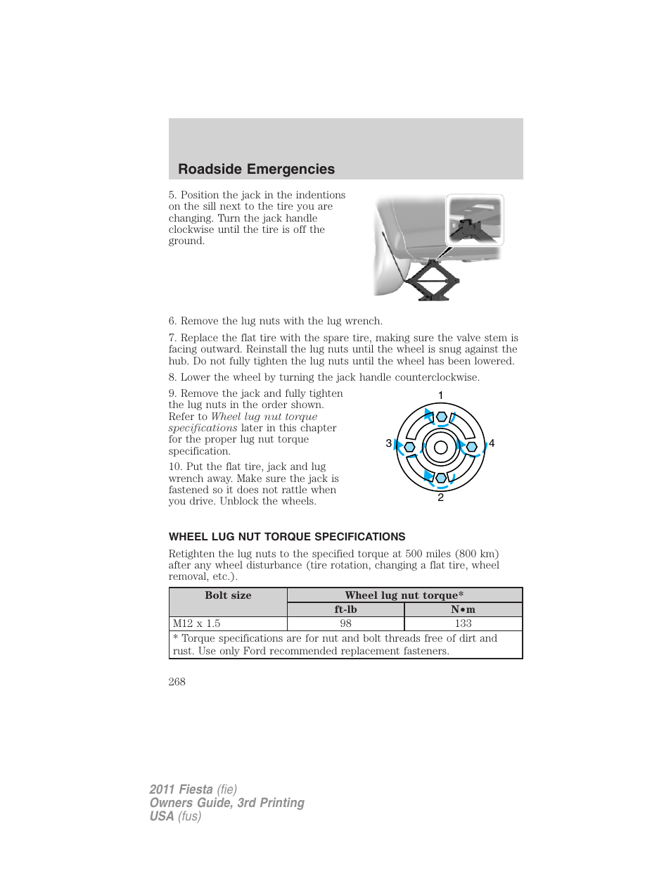 Wheel lug nut torque specifications, Wheel lug nut torque, Roadside emergencies | FORD 2011 Fiesta v.3 User Manual | Page 268 / 356