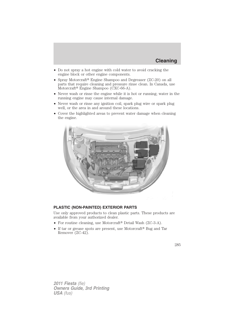 Plastic (non-painted) exterior parts, Cleaning | FORD 2011 Fiesta v.3 User Manual | Page 285 / 356