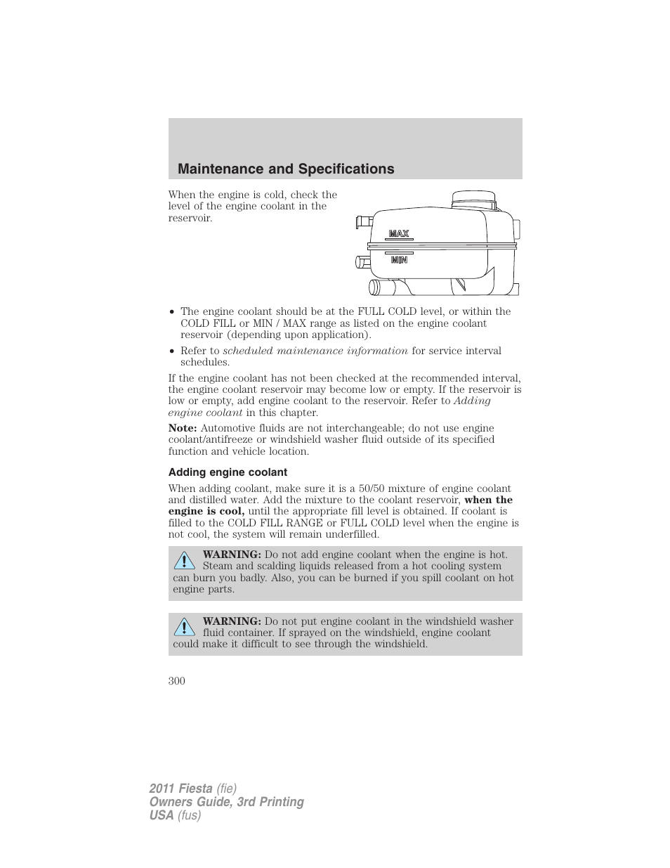 Adding engine coolant, Maintenance and specifications | FORD 2011 Fiesta v.3 User Manual | Page 300 / 356