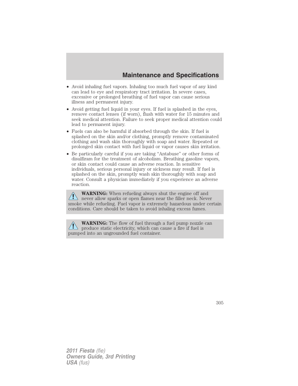 Maintenance and specifications | FORD 2011 Fiesta v.3 User Manual | Page 305 / 356