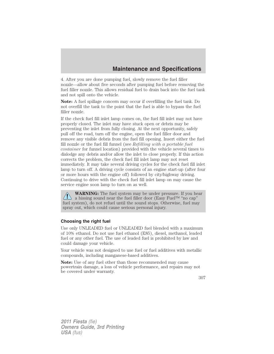 Choosing the right fuel, Maintenance and specifications | FORD 2011 Fiesta v.3 User Manual | Page 307 / 356