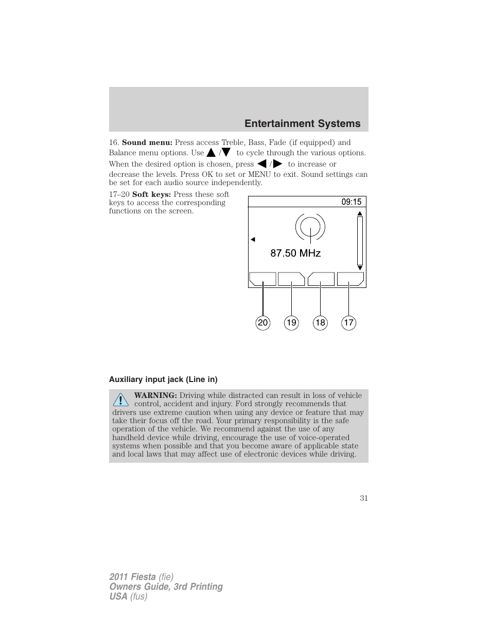 Auxiliary input jack (line in), Entertainment systems | FORD 2011 Fiesta v.3 User Manual | Page 31 / 356