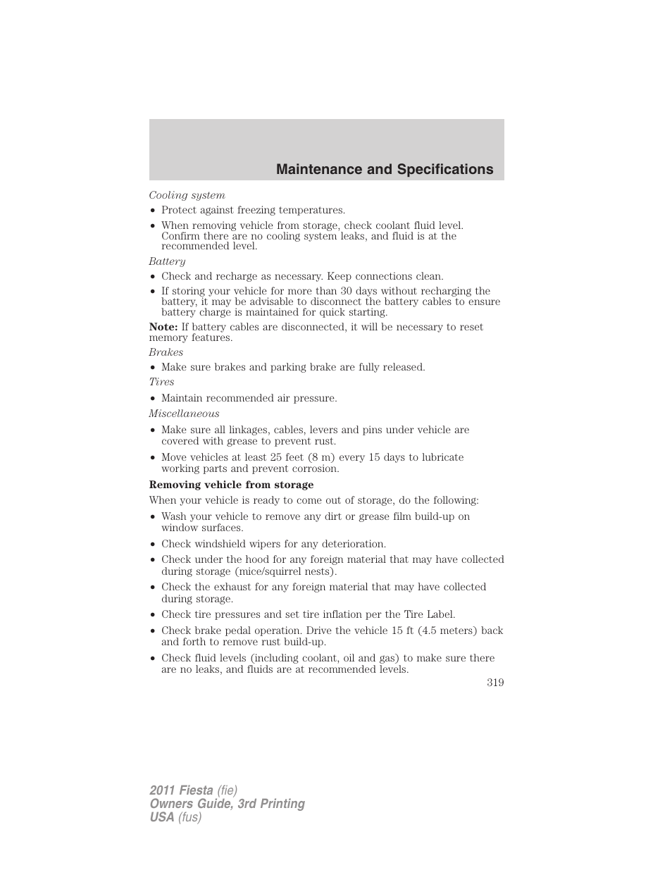 Maintenance and specifications | FORD 2011 Fiesta v.3 User Manual | Page 319 / 356