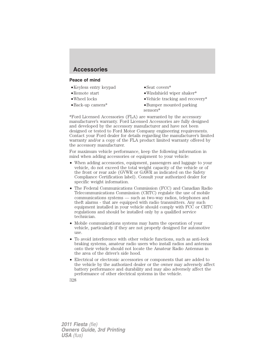 Peace of mind, Accessories | FORD 2011 Fiesta v.3 User Manual | Page 328 / 356