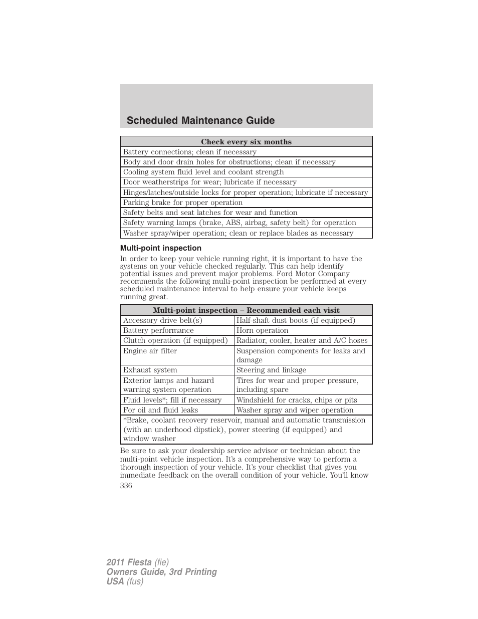 Multi-point inspection, Scheduled maintenance guide | FORD 2011 Fiesta v.3 User Manual | Page 336 / 356