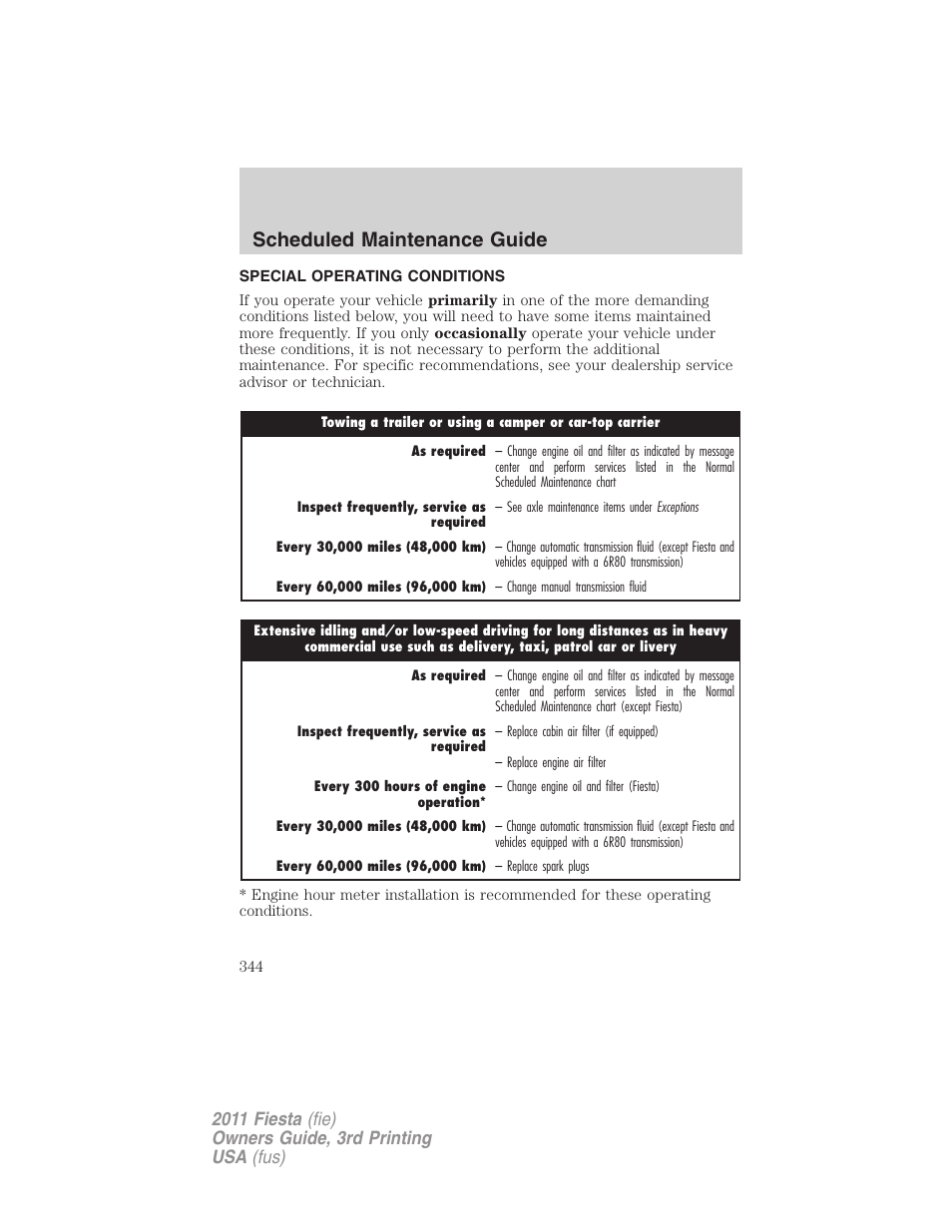 Special operating conditions, Scheduled maintenance guide | FORD 2011 Fiesta v.3 User Manual | Page 344 / 356