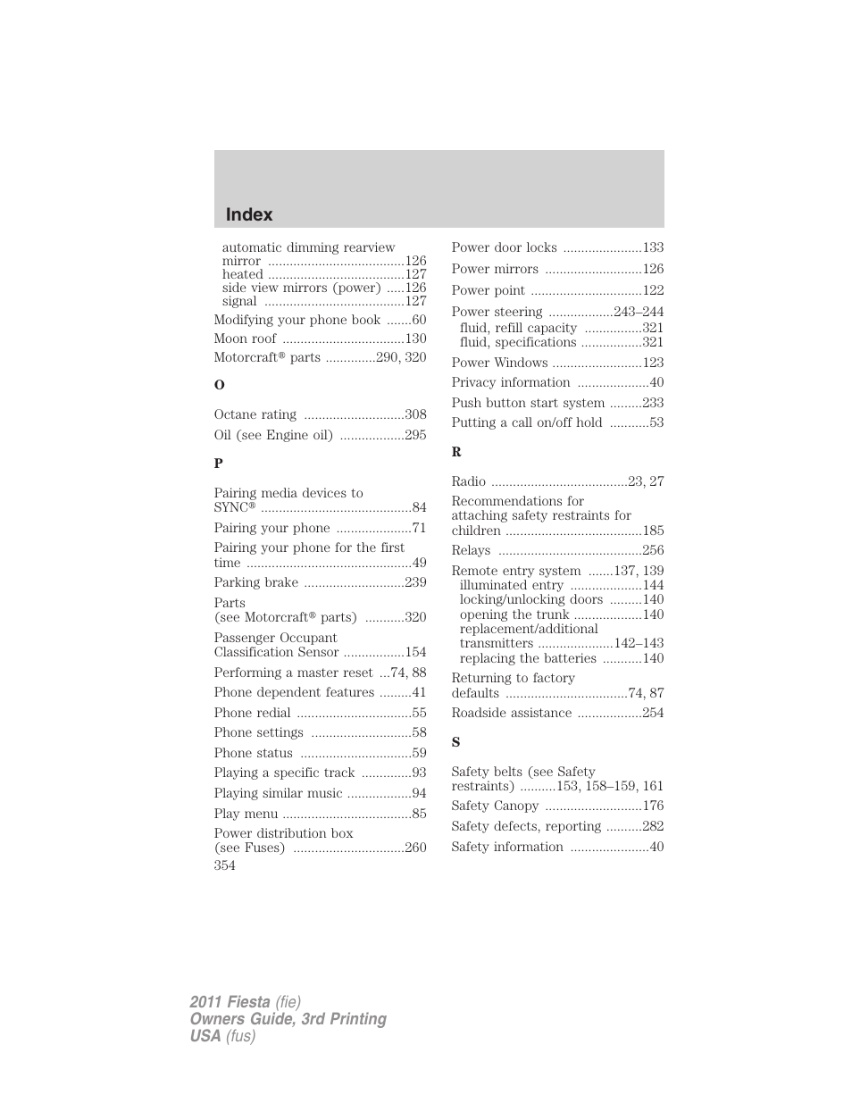 Index | FORD 2011 Fiesta v.3 User Manual | Page 354 / 356