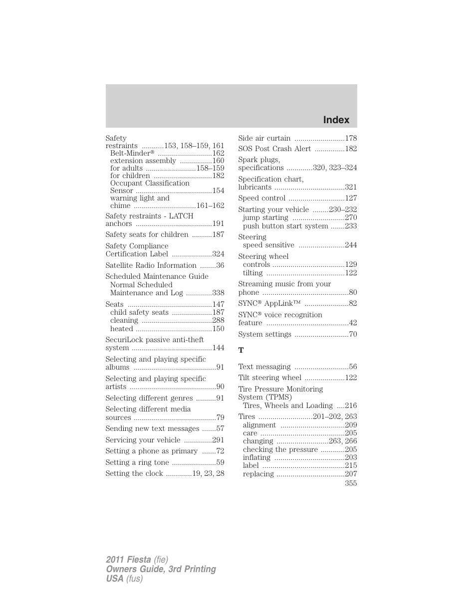 Index | FORD 2011 Fiesta v.3 User Manual | Page 355 / 356