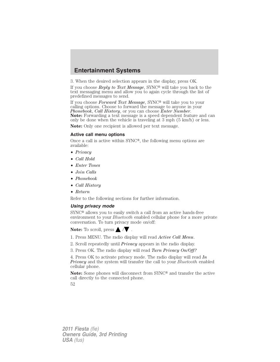 Active call menu options, Using privacy mode, Entertainment systems | FORD 2011 Fiesta v.3 User Manual | Page 52 / 356