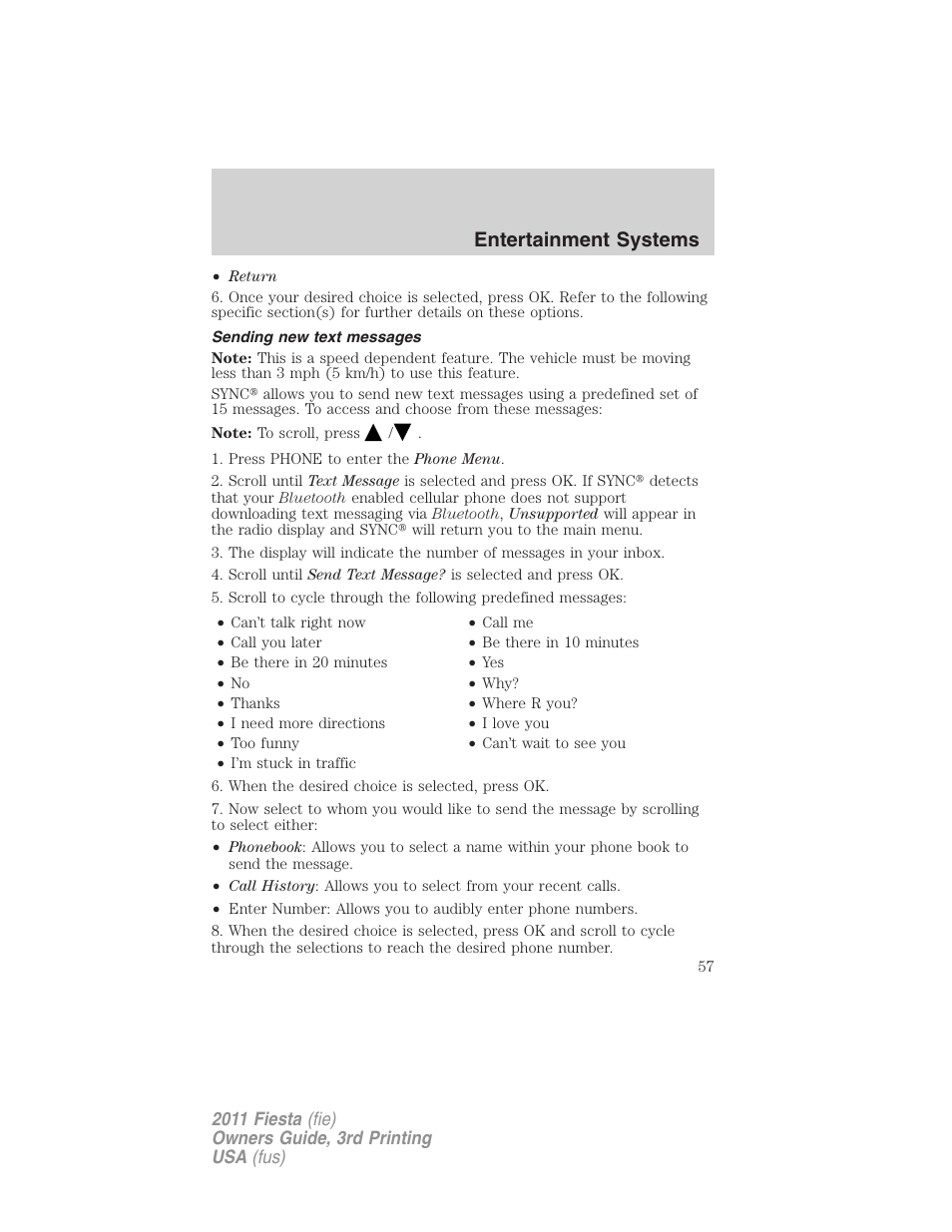 Sending new text messages, Entertainment systems | FORD 2011 Fiesta v.3 User Manual | Page 57 / 356