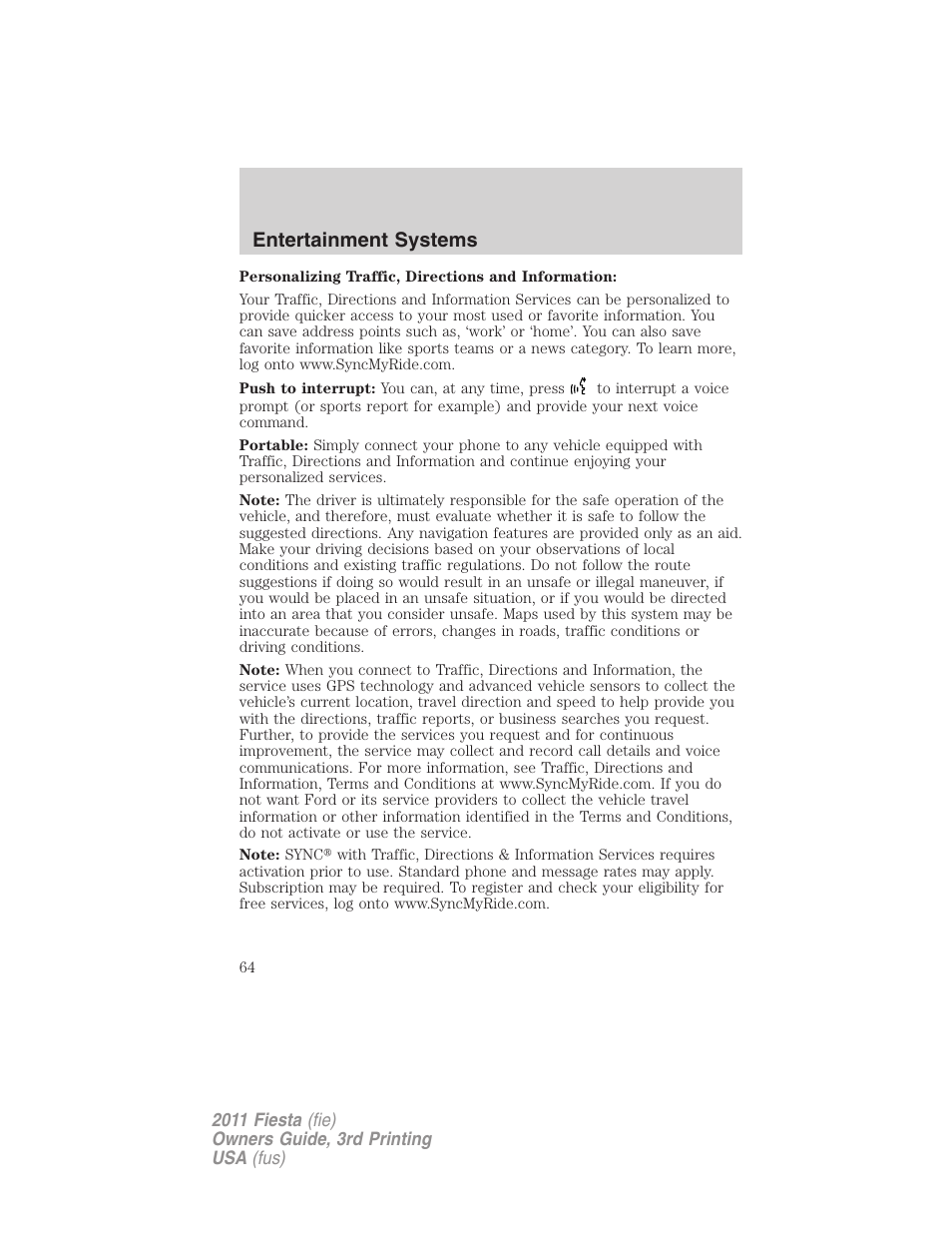 Entertainment systems | FORD 2011 Fiesta v.3 User Manual | Page 64 / 356