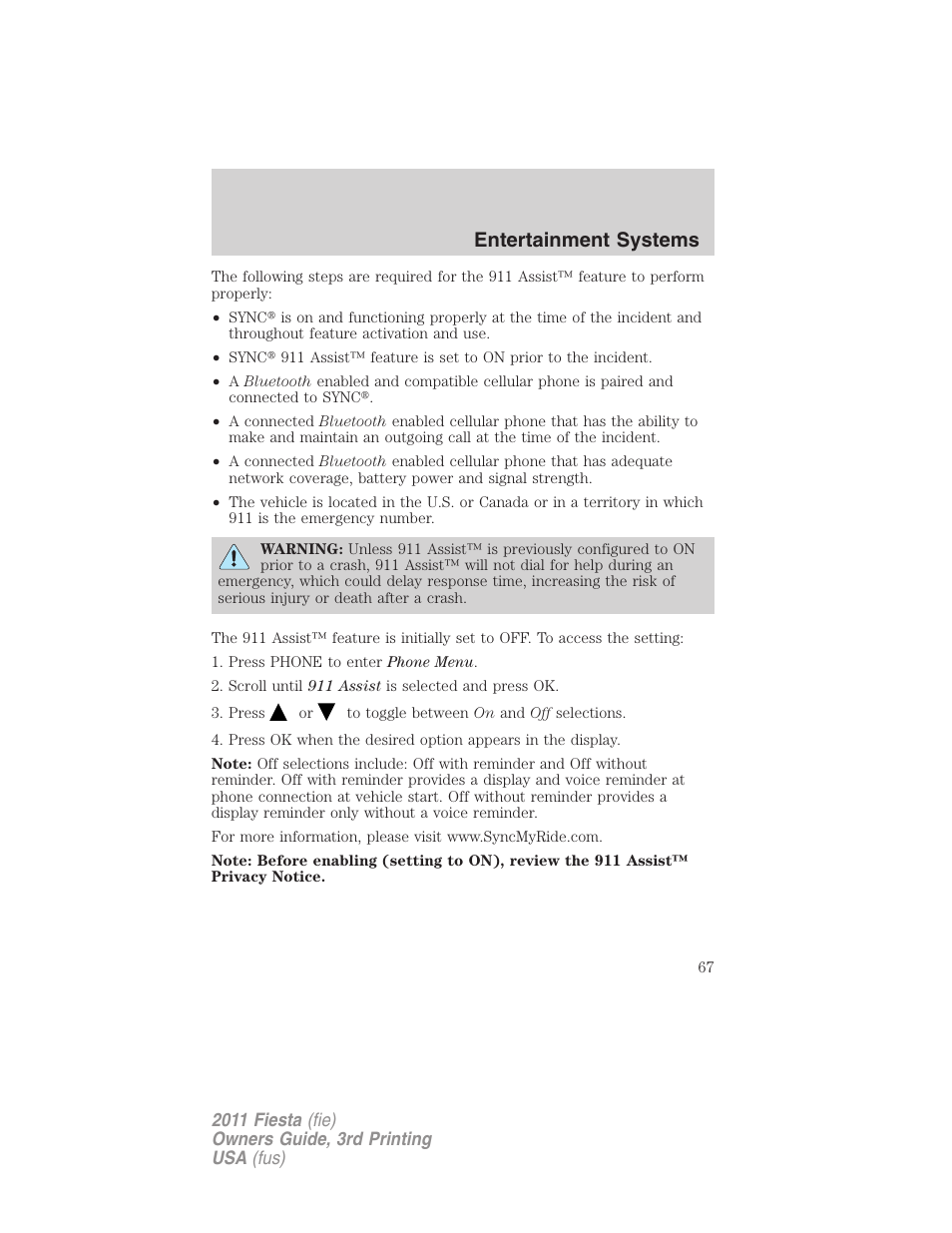 Entertainment systems | FORD 2011 Fiesta v.3 User Manual | Page 67 / 356