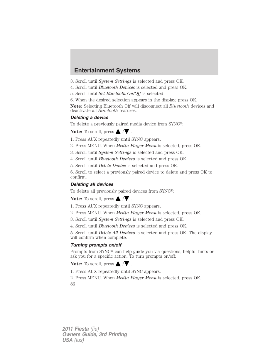 Deleting a device, Deleting all devices, Turning prompts on/off | Entertainment systems | FORD 2011 Fiesta v.3 User Manual | Page 86 / 356