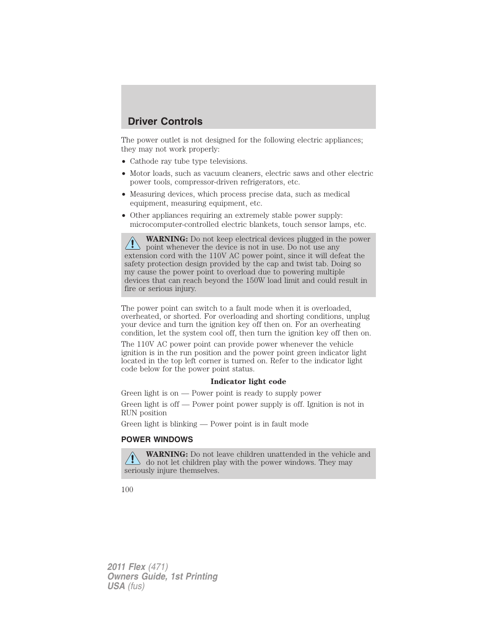 Power windows, Driver controls | FORD 2011 Flex v.1 User Manual | Page 100 / 418