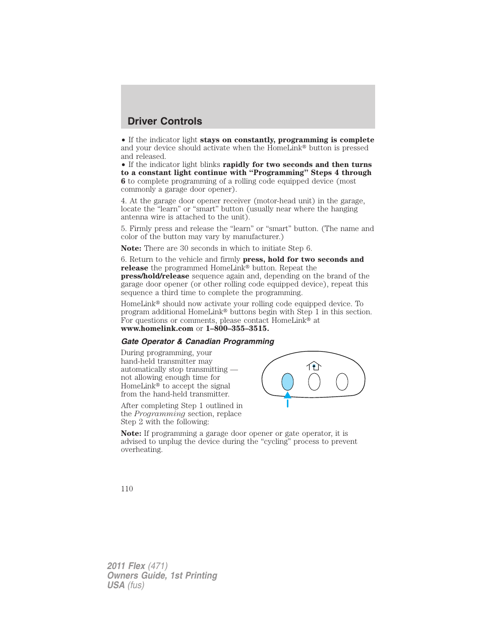 Gate operator & canadian programming, Driver controls | FORD 2011 Flex v.1 User Manual | Page 110 / 418